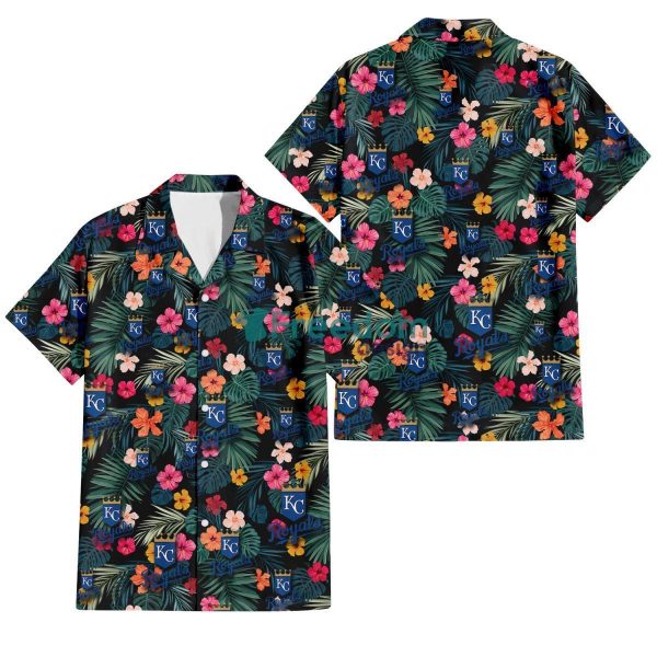 Kansas City Royals Pink Yellow Orange Hibiscus Big Tropical Leaf Black Background 3D Hawaiian Shirt Gift For Fans