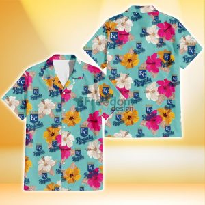 Kansas City Royals Pink Yellow White Hibiscus Turquoise Background 3D Hawaiian Shirt Gift For Fans