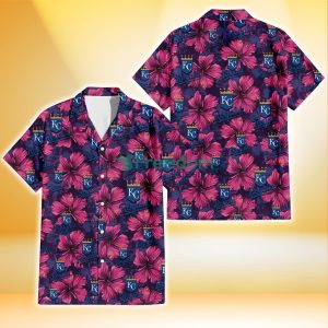 Kansas City Royals Plum Vilolet Hibiscus Dark Navy Leaf Black 3D Hawaiian Shirt Gift For Fans