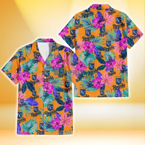 Kansas City Royals Purple Hibiscus Neon Leaf Orange Background 3D Hawaiian Shirt Gift For Fans