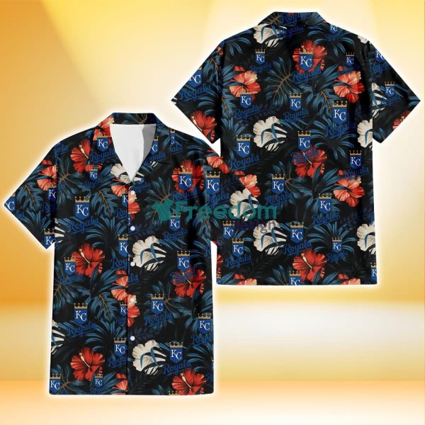 Kansas City Royals Red And White Hibiscus Dark Leaf Black Background 3D Hawaiian Shirt Gift For Fans