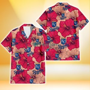 Kansas City Royals Red Beige Hibiscus Beige Background 3D Hawaiian Shirt Gift For Fans