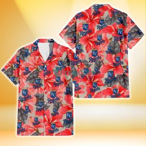 Kansas City Royals Red Hibiscus Gray Leaf Beige Background 3D Hawaiian Shirt Gift For Fans