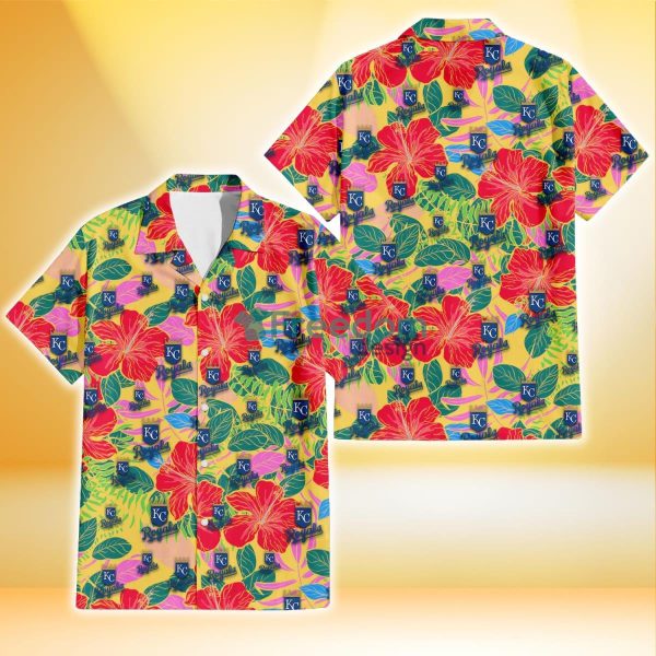 Kansas City Royals Red Hibiscus Green Blue Leaf Yellow Background 3D Hawaiian Shirt Gift For Fans