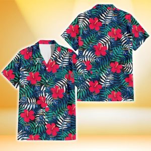 Kansas City Royals Red Hibiscus Green Blue White Leaf Black Background 3D Hawaiian Shirt Gift For Fans