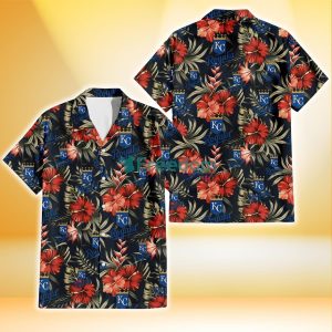 Kansas City Royals Red Hibiscus Green Leaf Dark Background 3D Hawaiian Shirt Gift For Fans