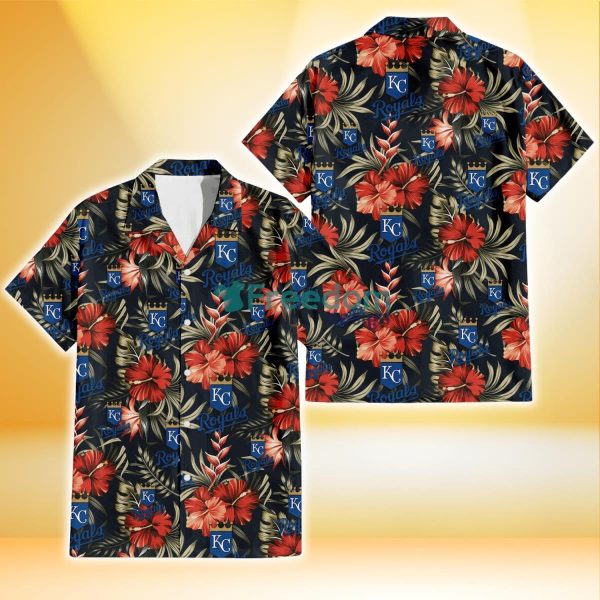 Kansas City Royals Red Hibiscus Green Leaf Dark Background 3D Hawaiian Shirt Gift For Fans