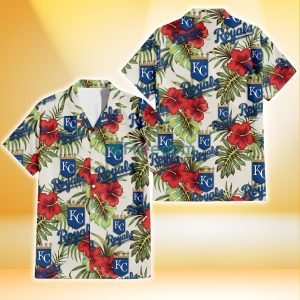 Kansas City Royals Red Hibiscus Green Tropical Leaf Cream Background 3D Hawaiian Shirt Gift For Fans