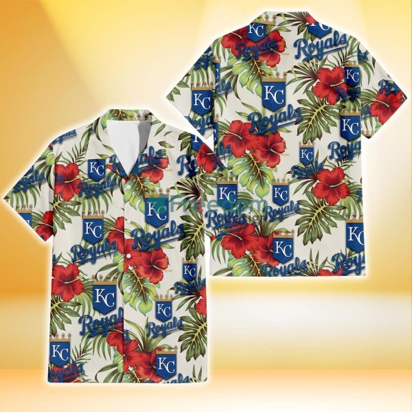 Kansas City Royals Red Hibiscus Green Tropical Leaf Cream Background 3D Hawaiian Shirt Gift For Fans