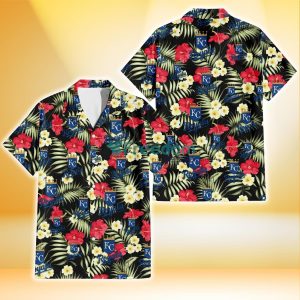 Kansas City Royals Red Hibiscus Yellow Porcelain Flower Black Background 3D Hawaiian Shirt Gift For Fans