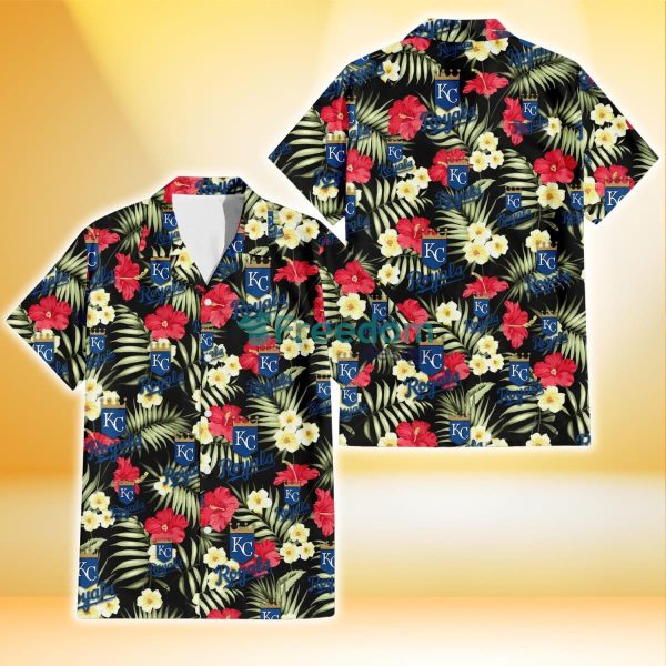 Kansas City Royals Red Hibiscus Yellow Porcelain Flower Black Background 3D Hawaiian Shirt Gift For Fans