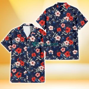 Kansas City Royals Red Pink White Hibiscus Black Background 3D Hawaiian Shirt Gift For Fans