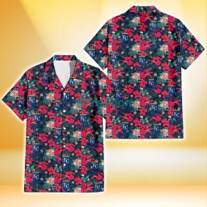 Kansas City Royals Tiny Red Hibiscus White Porcelain Flower Black Background 3D Hawaiian Shirt Gift For Fans