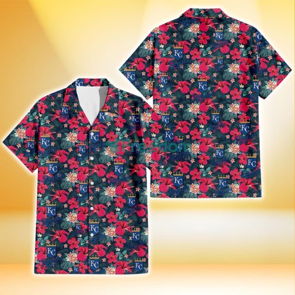 Kansas City Royals Tiny Red Hibiscus White Porcelain Flower Black Background 3D Hawaiian Shirt Gift For Fans