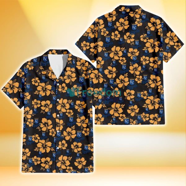 Kansas City Royals Tiny Yellow Hibiscus Black Background 3D Hawaiian Shirt Gift For Fans
