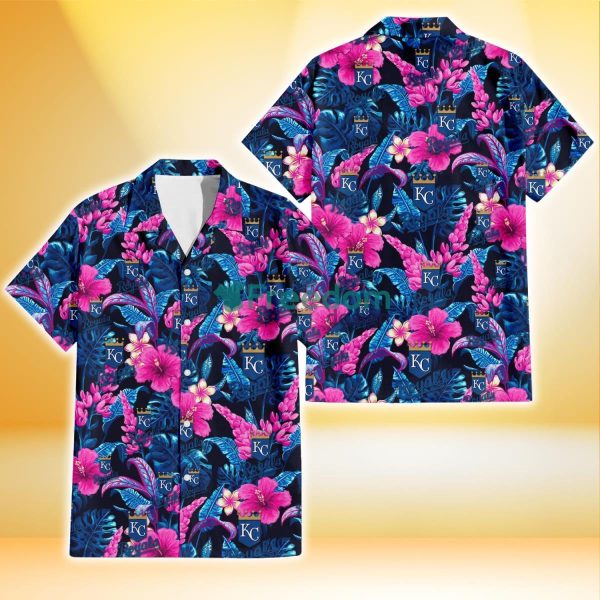 Kansas City Royals Violet Red Hibiscus Blue Leaf Black Background 3D Hawaiian Shirt Gift For Fans