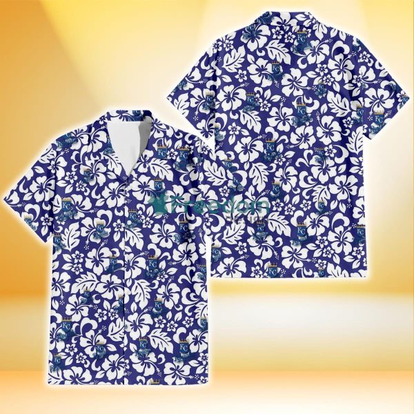 Kansas City Royals White Hibiscus Pattern Slate Blue Background 3D Hawaiian Shirt Gift For Fans