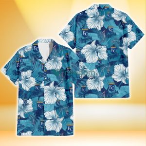 Kansas City Royals White Hibiscus Turquoise Banana Leaf Navy Background 3D Hawaiian Shirt Gift For Fans