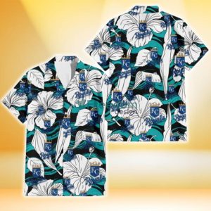 Kansas City Royals White Hibiscus Turquoise Wave Black Background 3D Hawaiian Shirt Gift For Fans