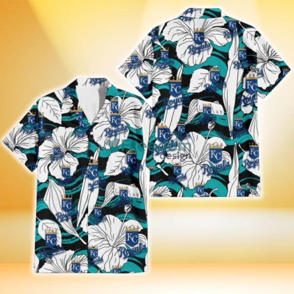 Kansas City Royals White Hibiscus Turquoise Wave Black Background 3D Hawaiian Shirt Gift For Fans