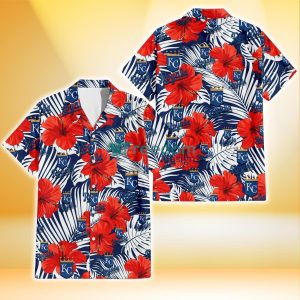 Kansas City Royals White Tropical Leaf Red Hibiscus Navy Background 3D Hawaiian Shirt Gift For Fans