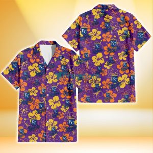 Kansas City Royals Yellow And Orange Hibiscus Purple Background 3D Hawaiian Shirt Gift For Fans