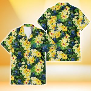 Kansas City Royals Yellow Hibiscus Tropical Green Leaf Black Background 3D Hawaiian Shirt Gift For Fans