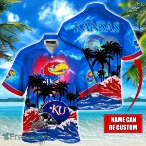 Kansas Jayhawks NCAA Hawaiian Shirt Coconut Tree Waves Beach Hawaii Shirt Custom Name For Fans