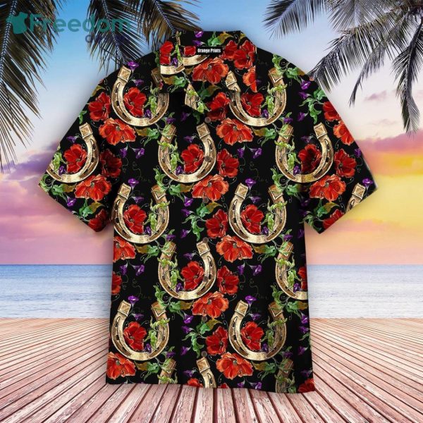 Kentucky Derby Gold Horseshoe Red Poppies Flowers Hawaiian Shirt For Men & Women