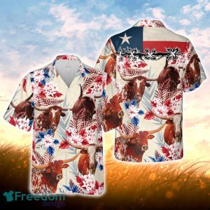 Longhorn Cattle Texas Flag Hawaiian Flowers All Over Printed 3D Hawaiian Shirt For Men Women