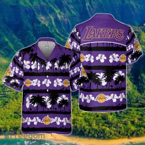 Los Angeles Lakers White Hibiscus Flower On Purple Background Print Hawaiian Shirt
