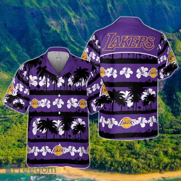Los Angeles Lakers White Hibiscus Flower On Purple Background Print Hawaiian Shirt