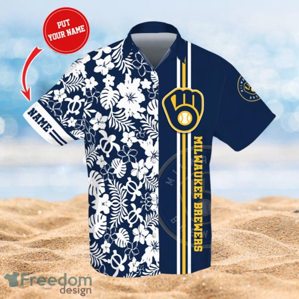 MLBMilwaukee Brewers Logo Design Flower Tropical Gifts For Fans Custom Name Shirt Hawaiian Shirt