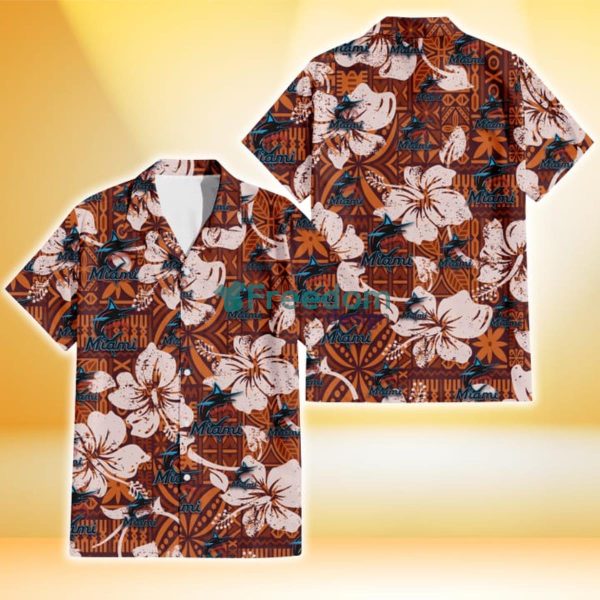Miami Marlins Bisque Hibiscus Brown Pattern 3D Hawaiian Shirt Gift For Fans
