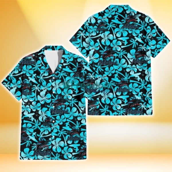 Miami Marlins Blue Hibiscus Blue Coconut Tree Black Background 3D Hawaiian Shirt Gift For Fans