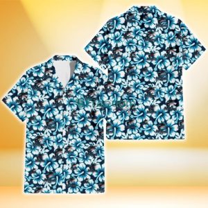 Miami Marlins Blue Line White Hibiscus Black Background 3D Hawaiian Shirt Gift For Fans