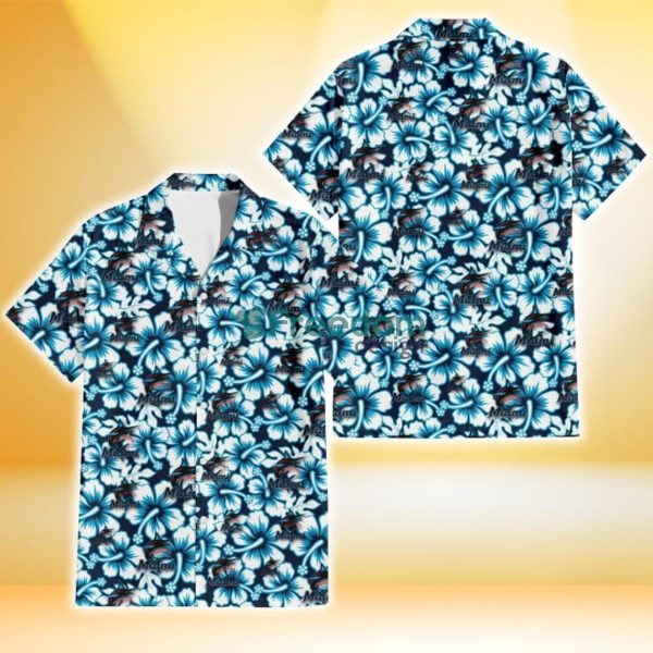 Miami Marlins Blue Line White Hibiscus Black Background 3D Hawaiian Shirt Gift For Fans