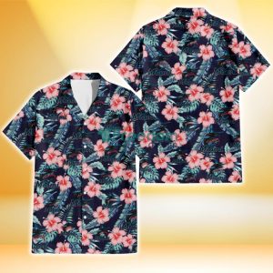 Miami Marlins Coral Hibiscus Green Banana Leaf Black Background 3D Hawaiian Shirt Gift For Fans