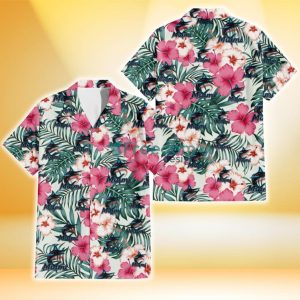 Miami Marlins Coral Pink Hibiscus Green Leaf Beige Background 3D Hawaiian Shirt Gift For Fans