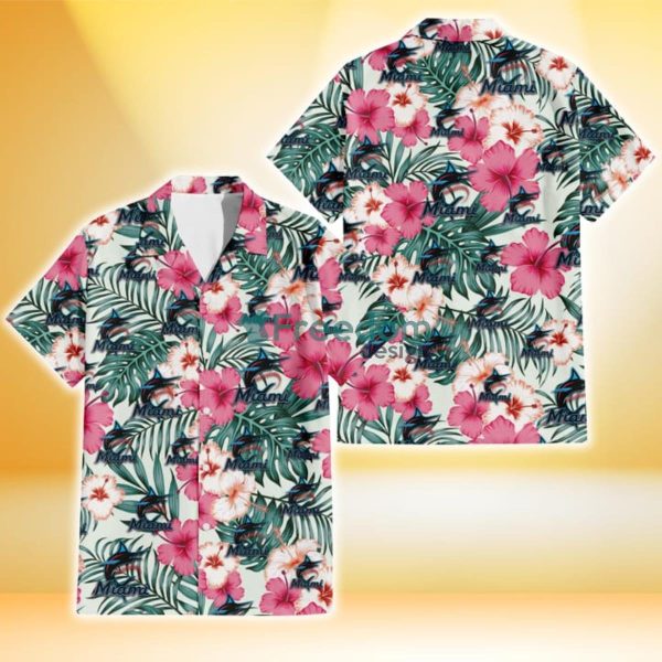Miami Marlins Coral Pink Hibiscus Green Leaf Beige Background 3D Hawaiian Shirt Gift For Fans