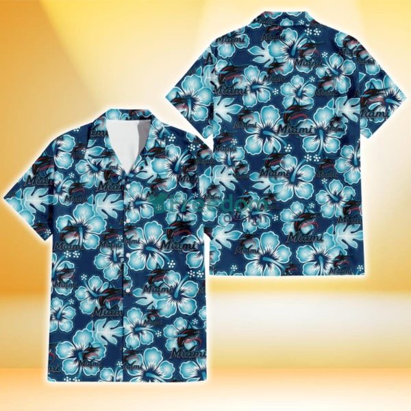 Miami Marlins Dark Turquoise Hibiscus Navy Background 3D Hawaiian Shirt Gift For Fans