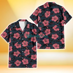 Miami Marlins Light Coral Hibiscus Gray Leaf Black Background 3D Hawaiian Shirt Gift For Fans