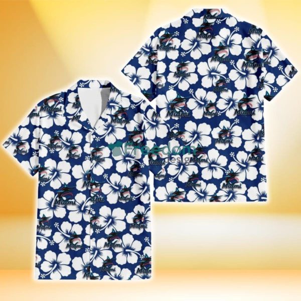 Miami Marlins Modern White Hibiscus Navy Background 3D Hawaiian Shirt Gift For Fans