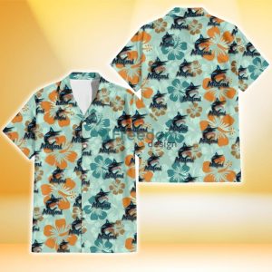 Miami Marlins Orange Green Hibiscus Pale Green Background 3D Hawaiian Shirt Gift For Fans