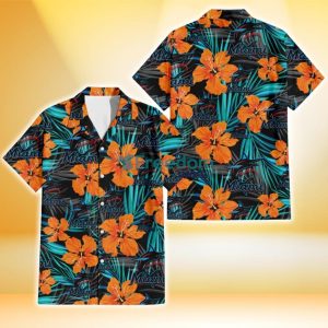 Miami Marlins Orange Hibiscus Blue Gray Leaf Black Background 3D Hawaiian Shirt Gift For Fans