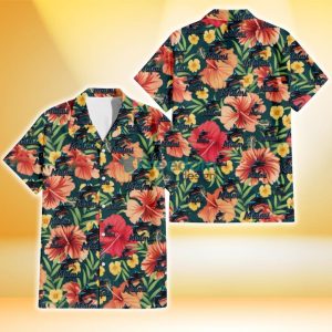 Miami Marlins Orange Red Hibiscus Green Leaf Dark Background 3D Hawaiian Shirt Gift For Fans