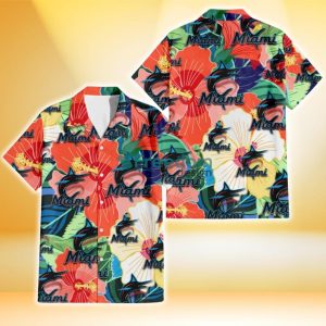 Miami Marlins Orange White Tropical Hibiscus Green Leaf 3D Hawaiian Shirt Gift For Fans