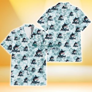 Miami Marlins Pale Turquoise Hibiscus Light Cyan Background 3D Hawaiian Shirt Gift For Fans