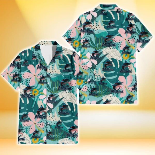 Miami Marlins Pastel Hibiscus Palm Leaf Tiny Dot Green Background 3D Hawaiian Shirt Gift For Fans