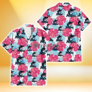 Miami Marlins Pink Blue Hibiscus White Background 3D Hawaiian Shirt Gift For Fans